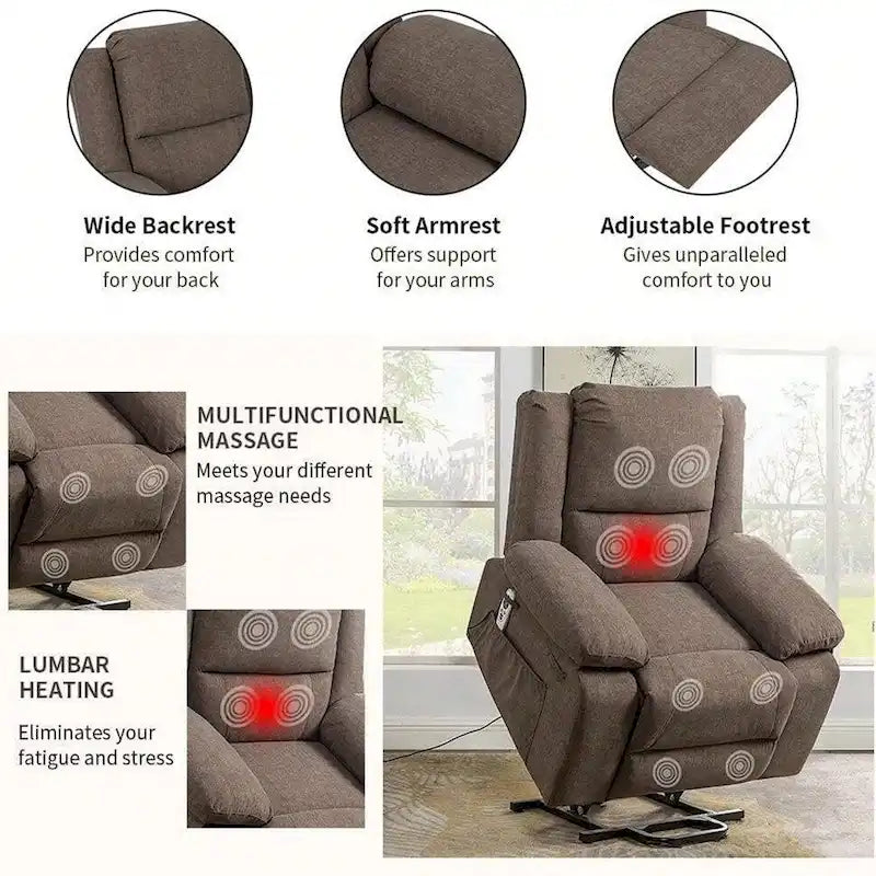 Fauteuil inclinable électrique de massage, relevable multifonction, avec minuterie