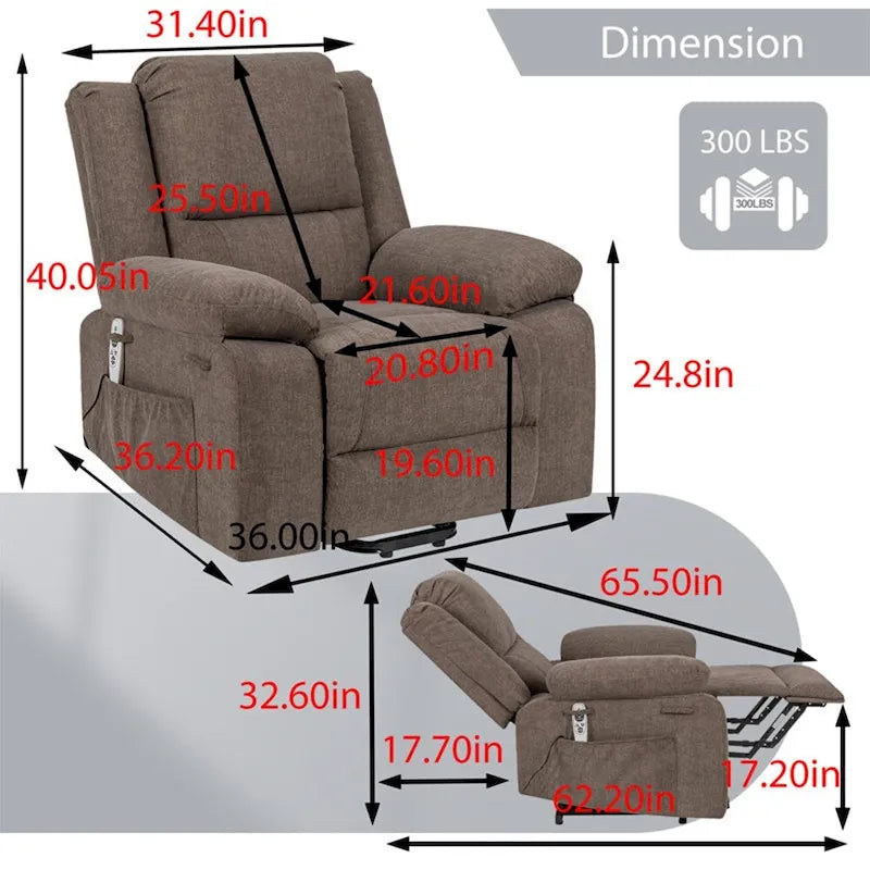 Fauteuil inclinable électrique de massage, relevable multifonction, avec minuterie