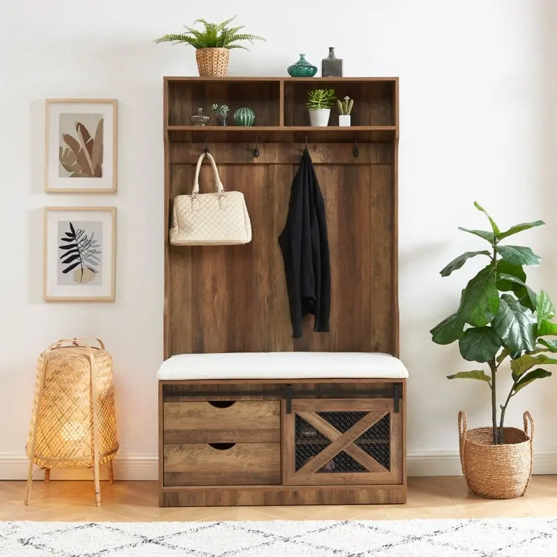 Porte-manteau en bois de 40,6 po avec banc et rangement à chaussures