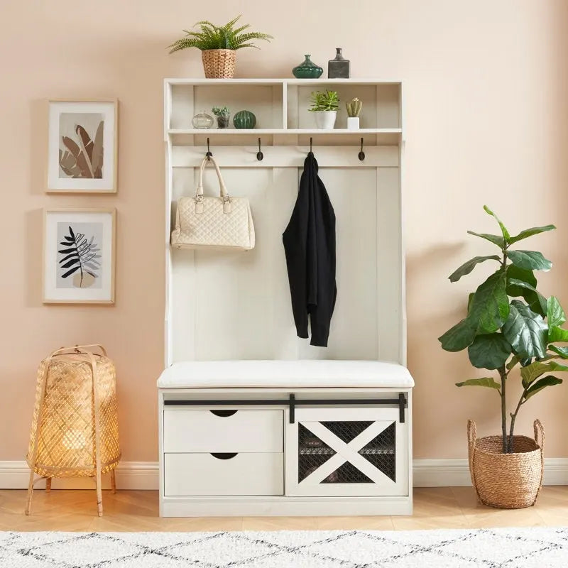 Porte-manteau en bois de 40,6 po avec banc et rangement à chaussures