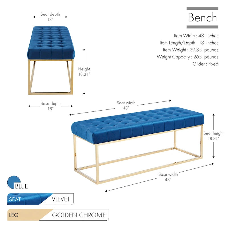 Banc en velours capitonné avec pieds en chrome doré