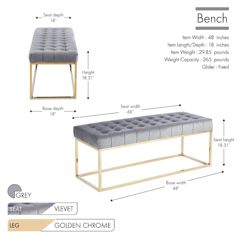 Banc en velours capitonné avec pieds en chrome doré