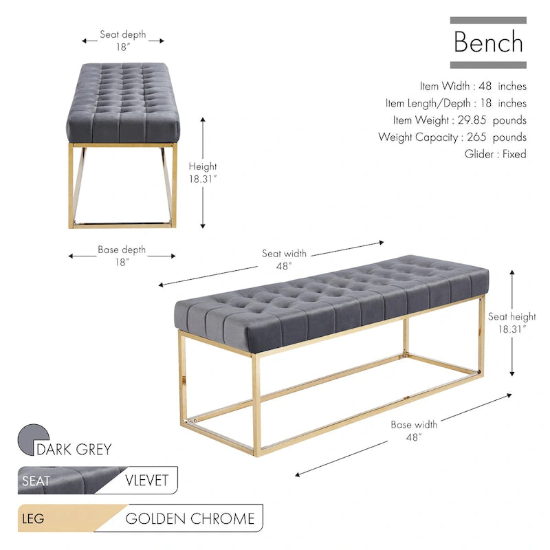 Banc en velours capitonné avec pieds en chrome doré