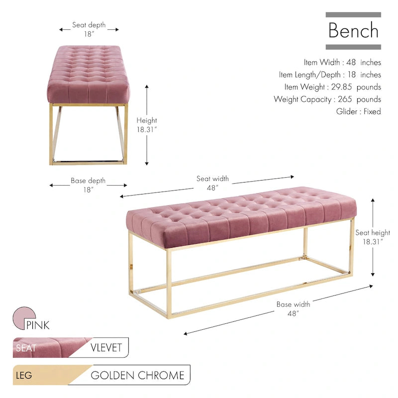 Banc en velours capitonné avec pieds en chrome doré