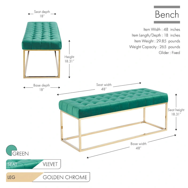 Banc en velours capitonné avec pieds en chrome doré