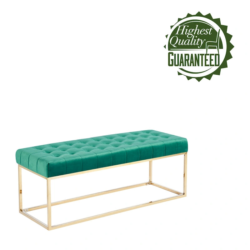 Banc en velours capitonné avec pieds en chrome doré