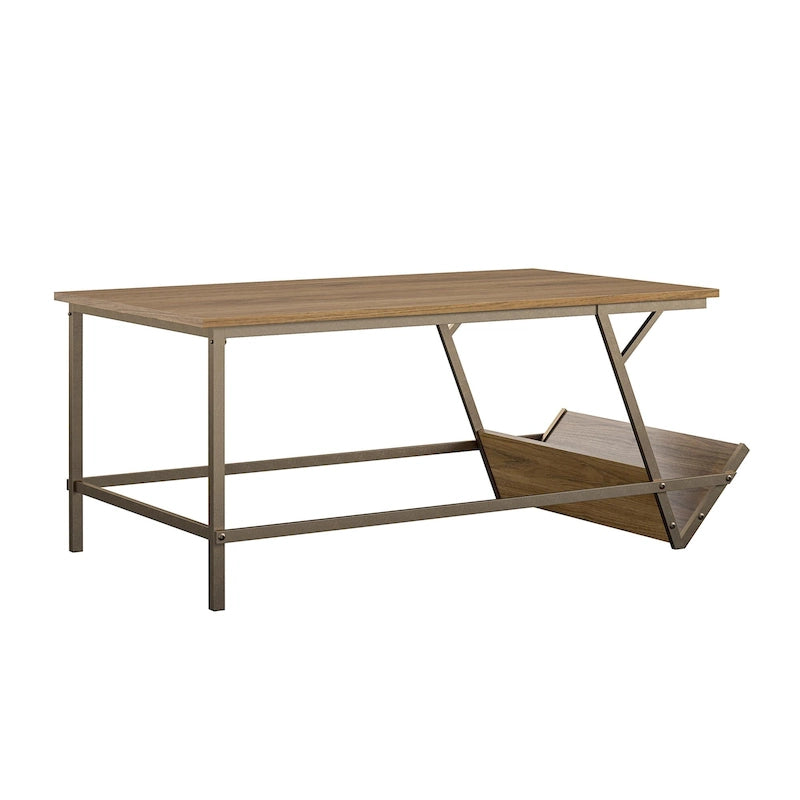 Table basse en panneau de particules et métal style moderne du milieu du siècle avec étagère latérale de rangement pour salon