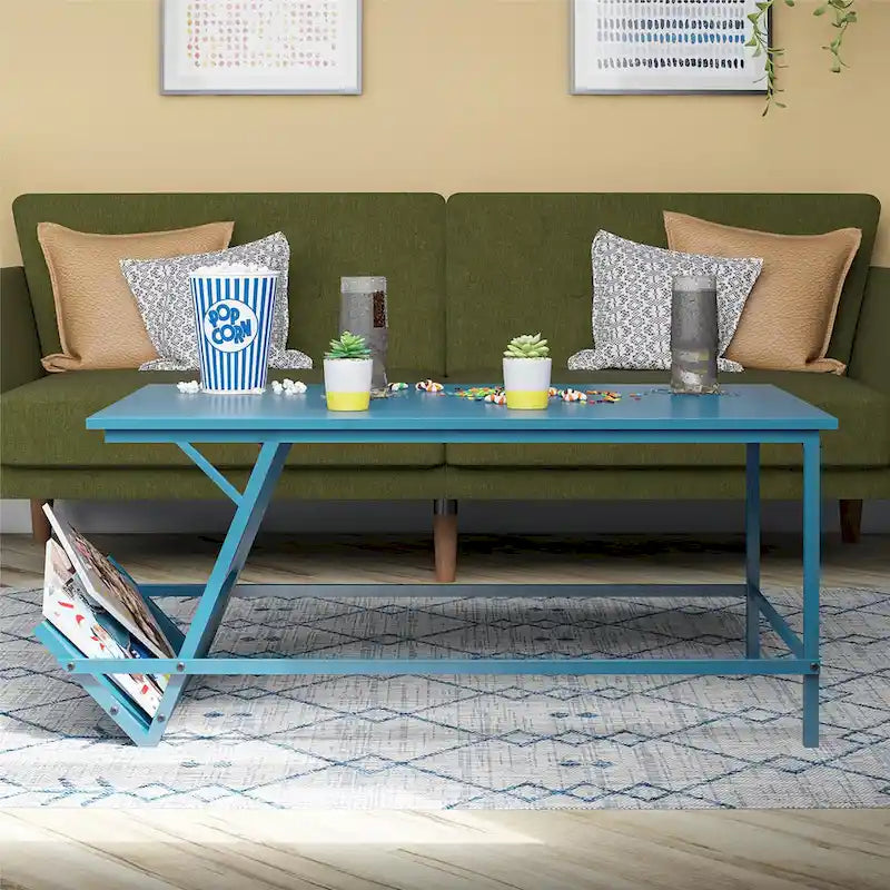 Table basse en panneau de particules et métal style moderne du milieu du siècle avec étagère latérale de rangement pour salon