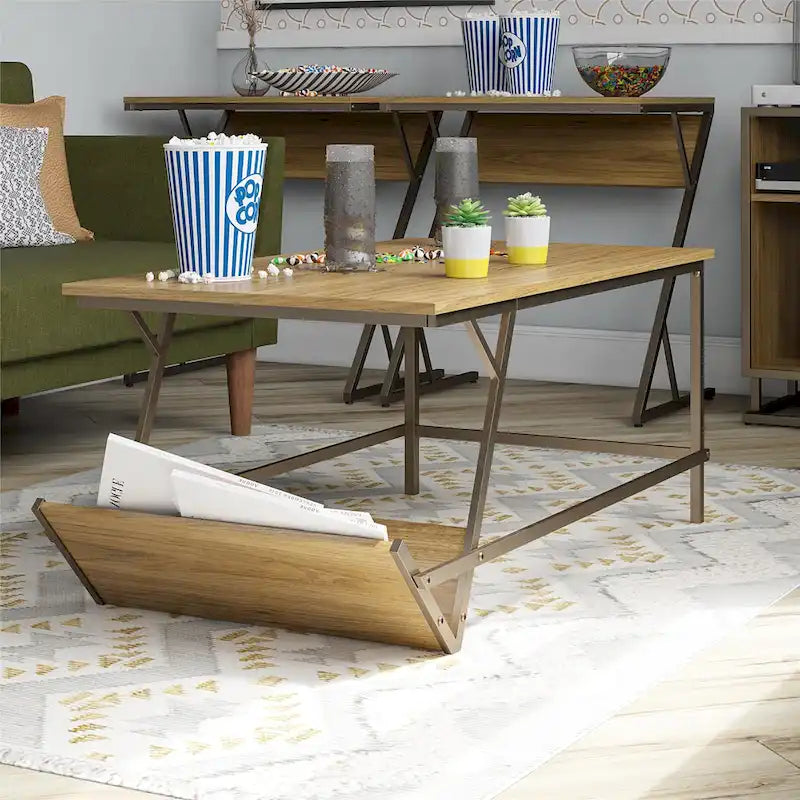 Table basse en panneau de particules et métal style moderne du milieu du siècle avec étagère latérale de rangement pour salon
