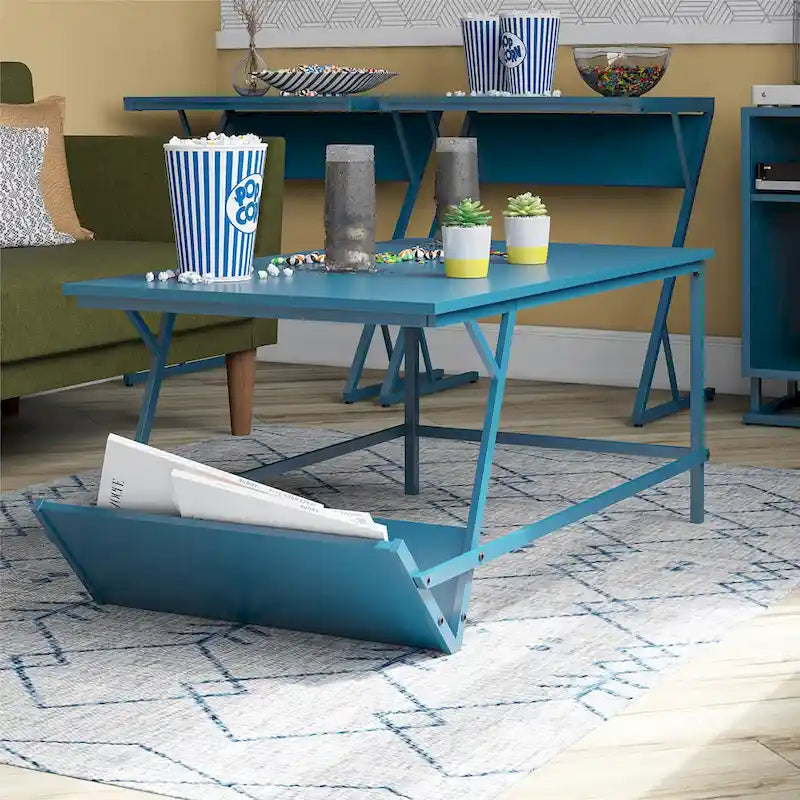 Table basse en panneau de particules et métal style moderne du milieu du siècle avec étagère latérale de rangement pour salon