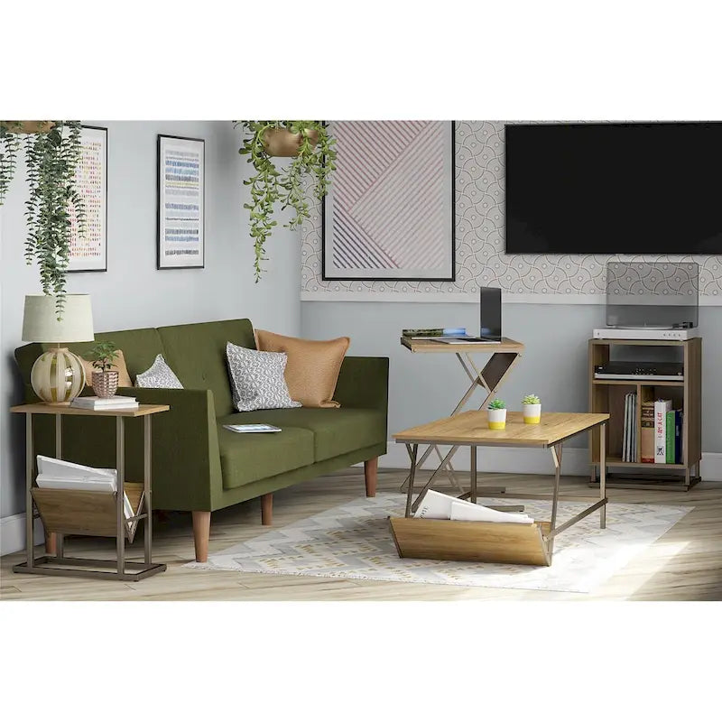 Table basse en panneau de particules et métal style moderne du milieu du siècle avec étagère latérale de rangement pour salon