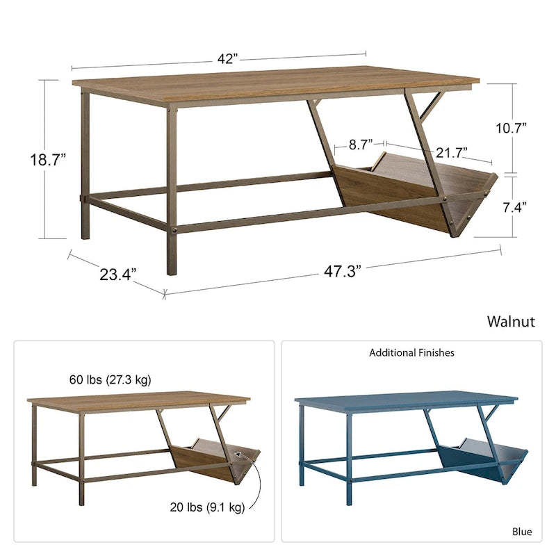 Table basse en panneau de particules et métal style moderne du milieu du siècle avec étagère latérale de rangement pour salon