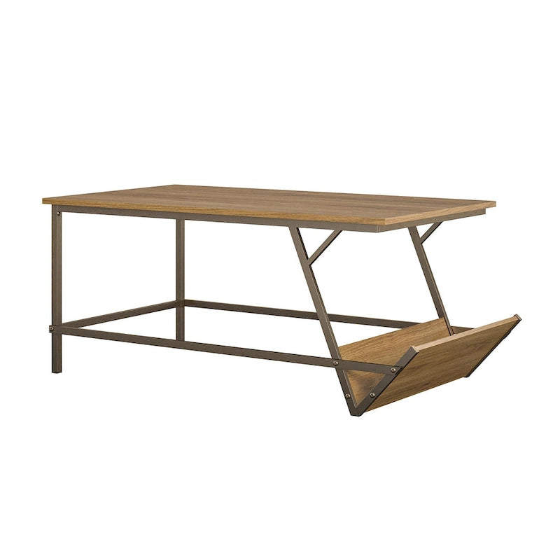Table basse en panneau de particules et métal style moderne du milieu du siècle avec étagère latérale de rangement pour salon