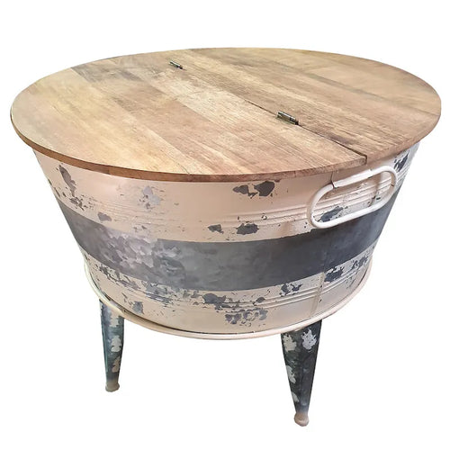 Table basse d'appoint ronde 26 pouces, base en fer de style cuve, marron, gris, blanc délavé
