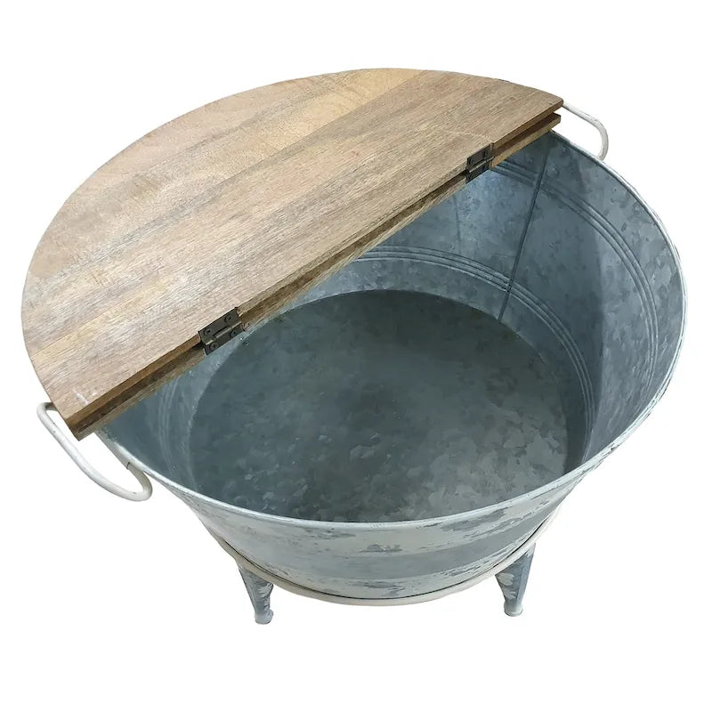 Table basse d'appoint ronde 26 pouces, base en fer de style cuve, marron, gris, blanc délavé