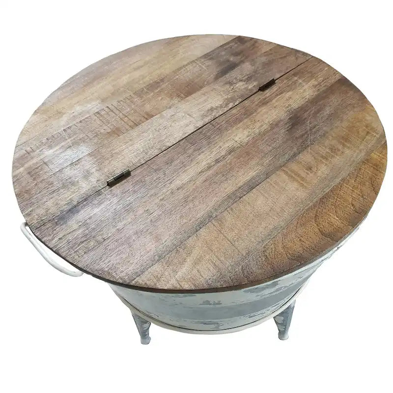 Table basse d'appoint ronde 26 pouces, base en fer de style cuve, marron, gris, blanc délavé