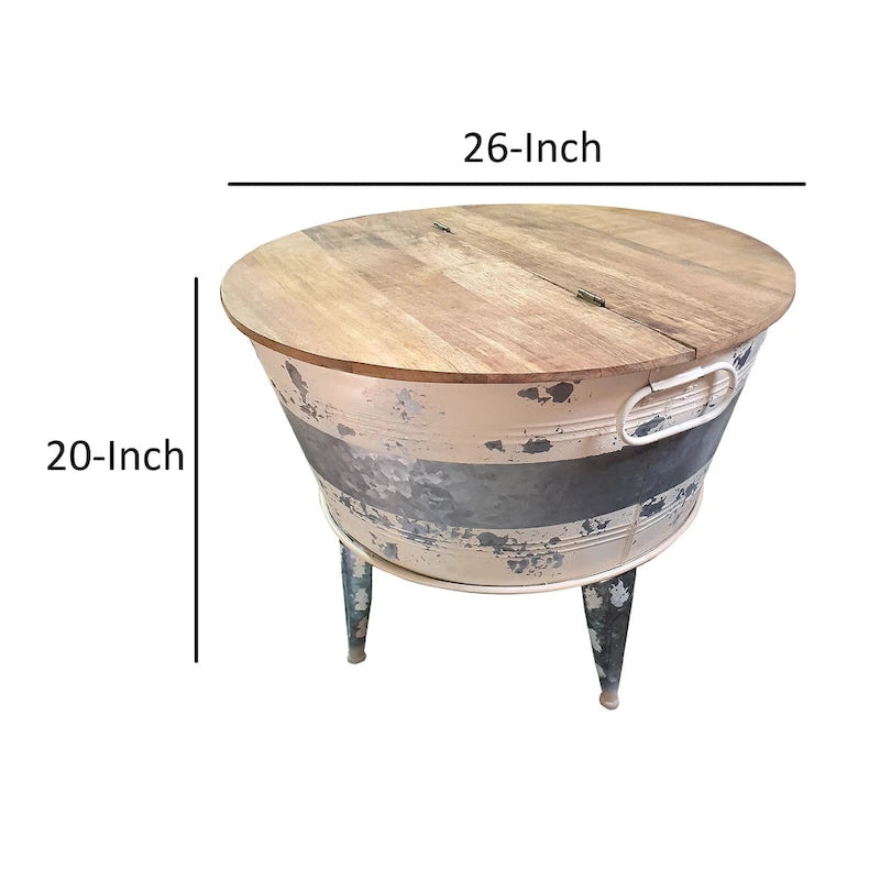 Table basse d'appoint ronde 26 pouces, base en fer de style cuve, marron, gris, blanc délavé