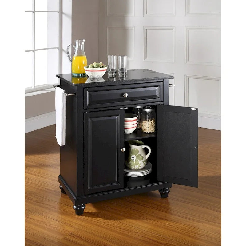 Îlot de cuisine portable en granit noir massif, finition noire - 18p x 31l x 35h
