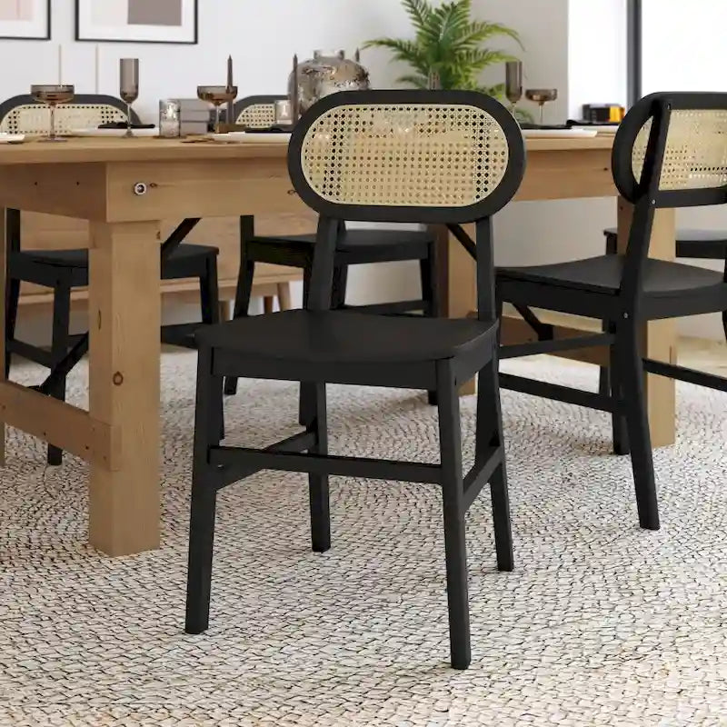 Chaises en rotin tissé à dossier et cadre en bois avec sièges en bois - Lot de 2