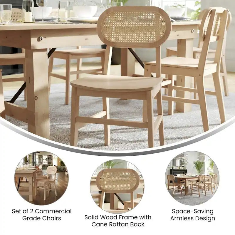 Chaises en rotin tissé à dossier et cadre en bois avec sièges en bois - Lot de 2