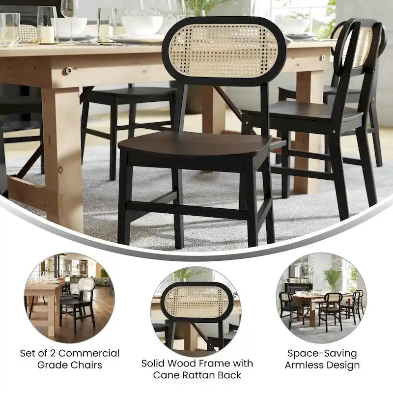 Chaises en rotin tissé à dossier et cadre en bois avec sièges en bois - Lot de 2