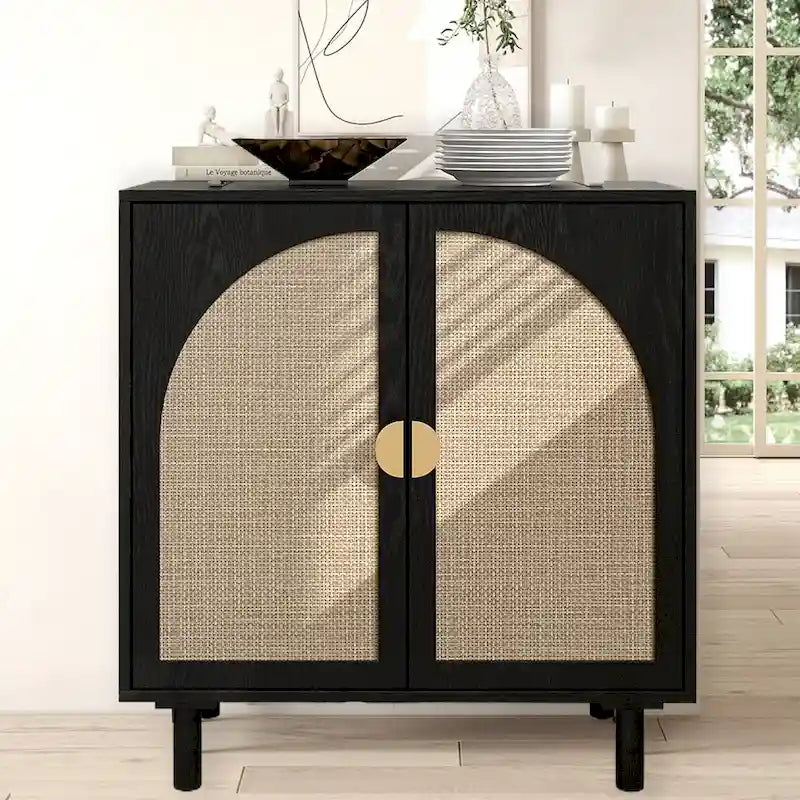 Meuble d'appoint de rangement en rotin avec portes, buffet - 75L x 40l x 80H cm