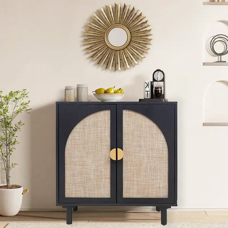 Meuble d'appoint de rangement en rotin avec portes, buffet - 75L x 40l x 80H cm