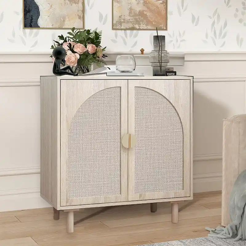 Meuble d'appoint de rangement en rotin avec portes, buffet - 75L x 40l x 80H cm