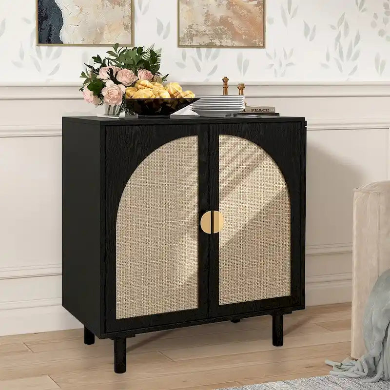 Meuble d'appoint de rangement en rotin avec portes, buffet - 75L x 40l x 80H cm