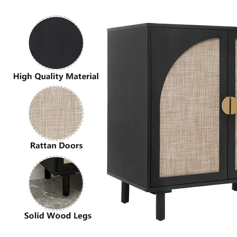 Meuble d'appoint de rangement en rotin avec portes, buffet - 75L x 40l x 80H cm