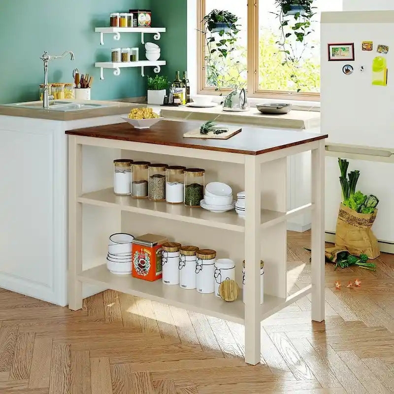 Farmhouse Solid Wood 45 Fixed Kitchen Island with 2 Open Shelves