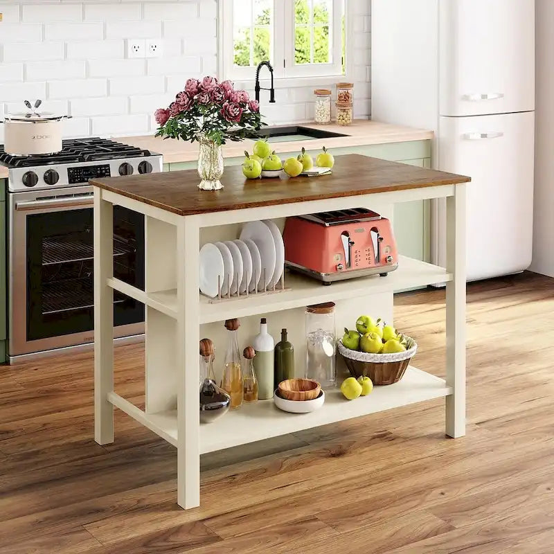 Îlot de cuisine fixe en bois massif de 45 po de style campagnard avec 2 étagères ouvertes