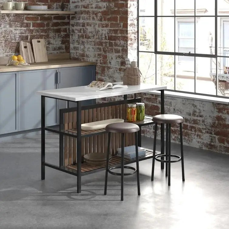 Ensemble îlot de cuisine 3 pièces Mid-Century Modern avec plateau en faux marbre, 2 tabourets et étagères - S/O