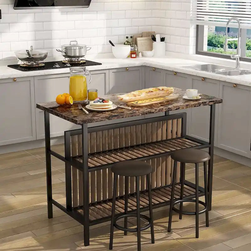 Ensemble îlot de cuisine 3 pièces Mid-Century Modern avec plateau en faux marbre, 2 tabourets et étagères - S/O