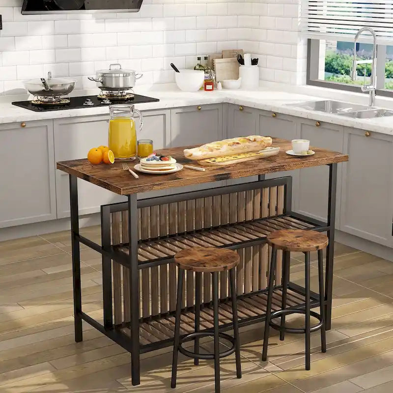 Ensemble îlot de cuisine 3 pièces Mid-Century Modern avec plateau en faux marbre, 2 tabourets et étagères - S/O