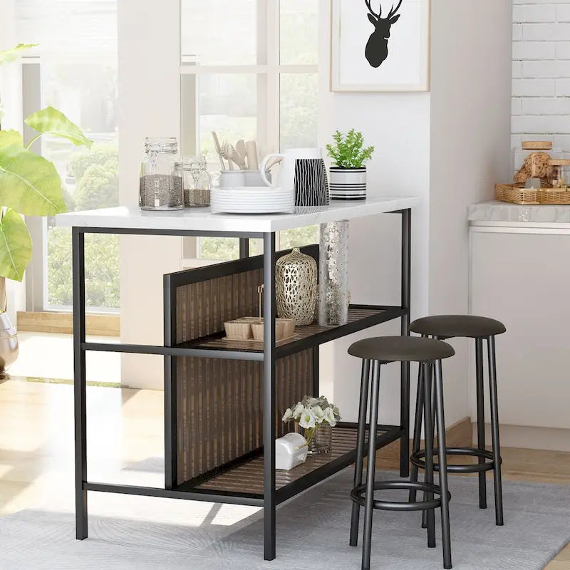 Ensemble îlot de cuisine 3 pièces Mid-Century Modern avec plateau en faux marbre, 2 tabourets et étagères - S/O