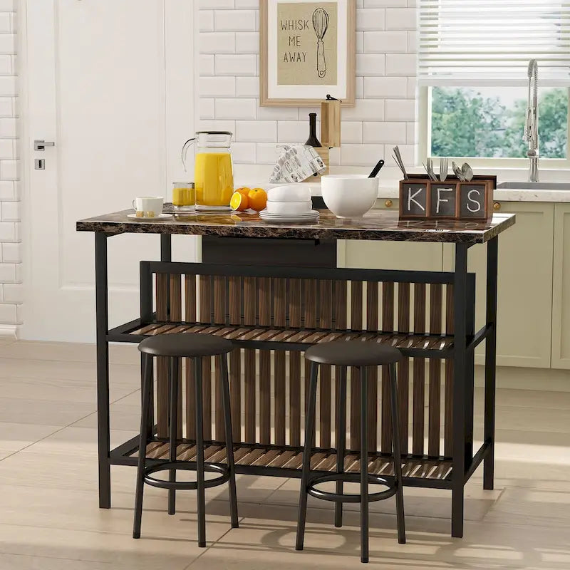 Ensemble îlot de cuisine 3 pièces Mid-Century Modern avec plateau en faux marbre, 2 tabourets et étagères - S/O