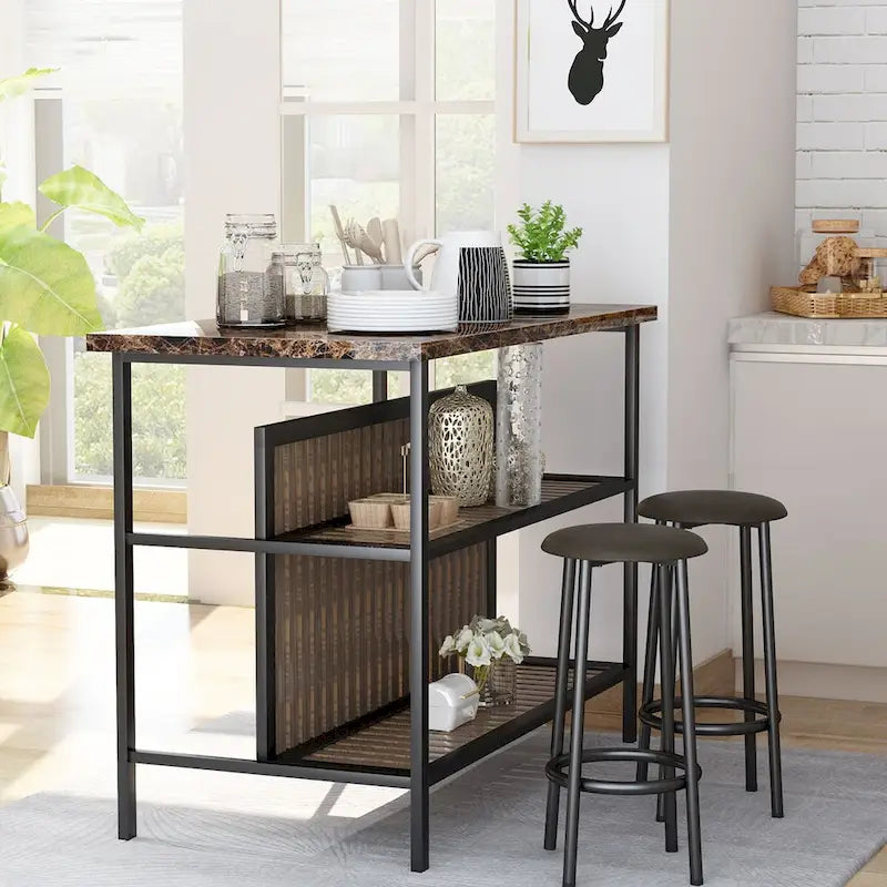 Ensemble îlot de cuisine 3 pièces Mid-Century Modern avec plateau en faux marbre, 2 tabourets et étagères - S/O