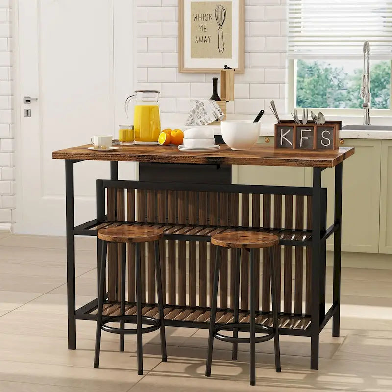 Ensemble îlot de cuisine 3 pièces Mid-Century Modern avec plateau en faux marbre, 2 tabourets et étagères - S/O