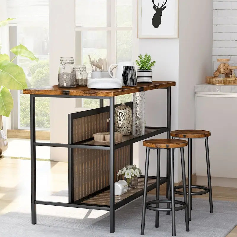 Ensemble îlot de cuisine 3 pièces Mid-Century Modern avec plateau en faux marbre, 2 tabourets et étagères - S/O