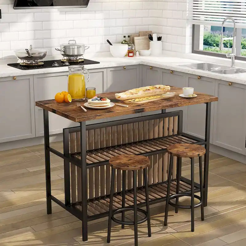 Ensemble îlot de cuisine 3 pièces Mid-Century Modern avec plateau en faux marbre, 2 tabourets et étagères - S/O