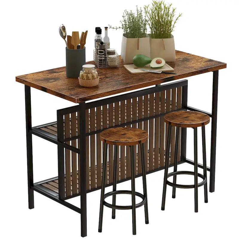 Ensemble îlot de cuisine 3 pièces Mid-Century Modern avec plateau en faux marbre, 2 tabourets et étagères - S/O