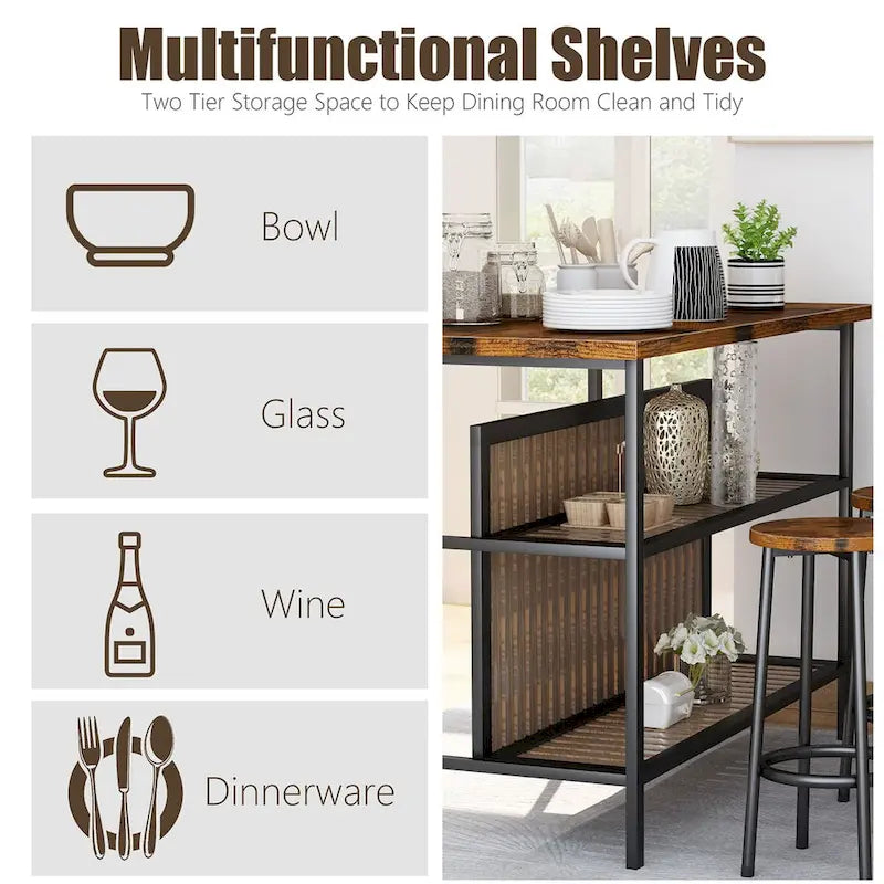 Ensemble îlot de cuisine 3 pièces Mid-Century Modern avec plateau en faux marbre, 2 tabourets et étagères - S/O