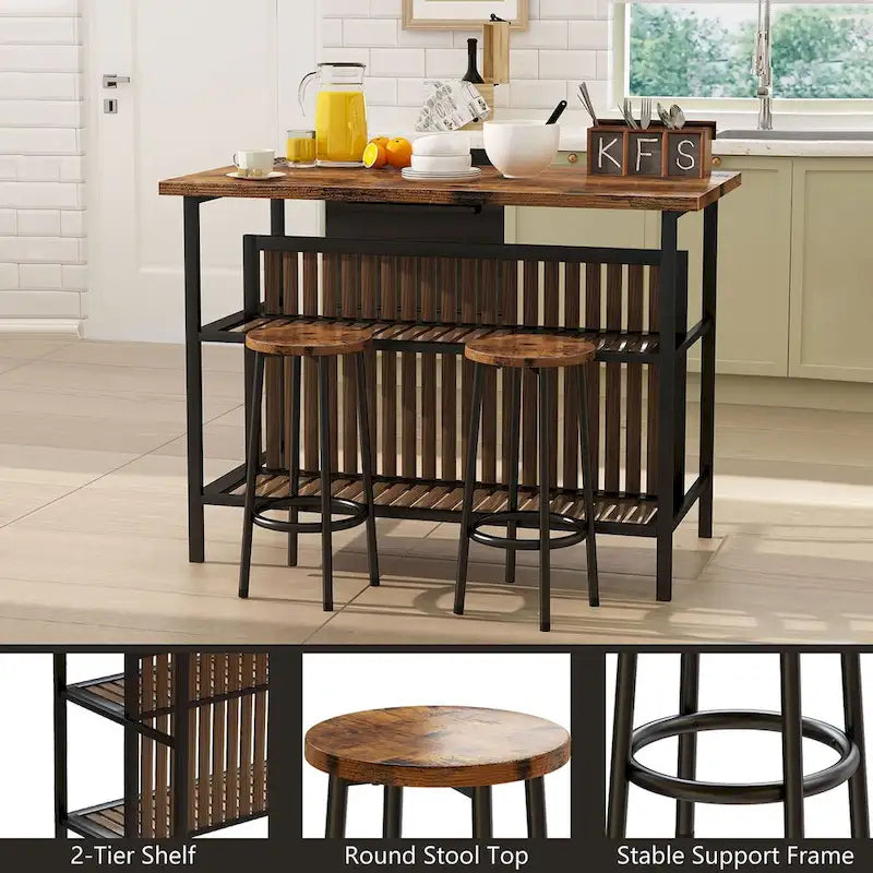 Ensemble îlot de cuisine 3 pièces Mid-Century Modern avec plateau en faux marbre, 2 tabourets et étagères - S/O