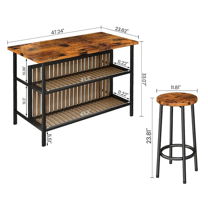 Ensemble îlot de cuisine 3 pièces Mid-Century Modern avec plateau en faux marbre, 2 tabourets et étagères - S/O