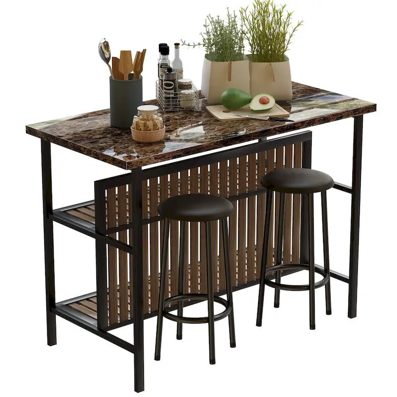 Ensemble îlot de cuisine 3 pièces Mid-Century Modern avec plateau en faux marbre, 2 tabourets et étagères - S/O