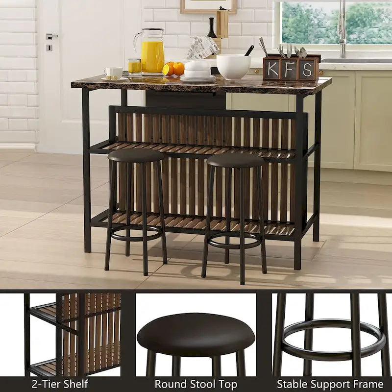 Ensemble îlot de cuisine 3 pièces Mid-Century Modern avec plateau en faux marbre, 2 tabourets et étagères - S/O