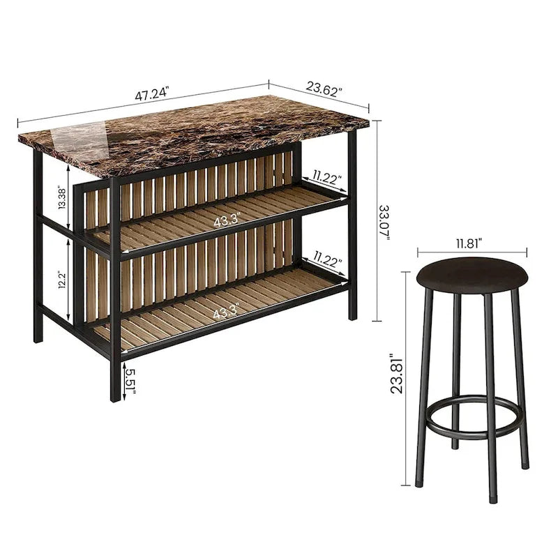 Ensemble îlot de cuisine 3 pièces Mid-Century Modern avec plateau en faux marbre, 2 tabourets et étagères - S/O