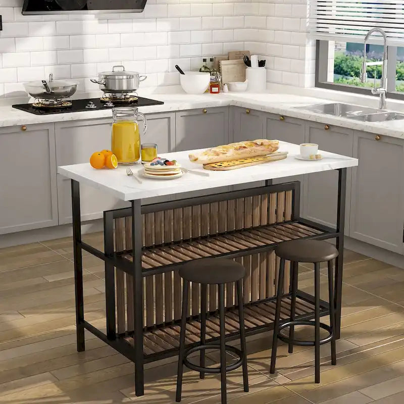 Ensemble îlot de cuisine 3 pièces Mid-Century Modern avec plateau en faux marbre, 2 tabourets et étagères - S/O