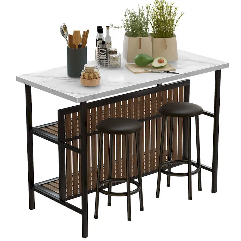 Ensemble îlot de cuisine 3 pièces Mid-Century Modern avec plateau en faux marbre, 2 tabourets et étagères - S/O